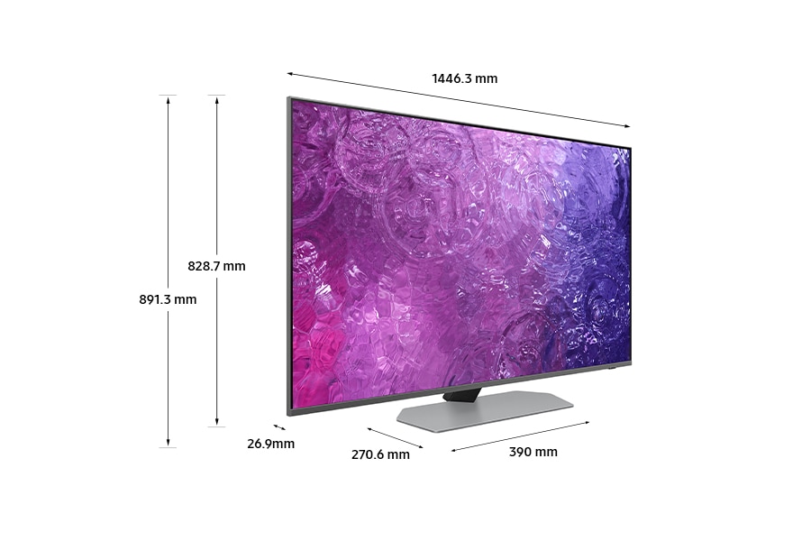 Dimension of Samsung Neo QLED TV QN90C with black sharp neck hexagon stand
