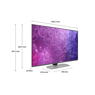Dimension of Samsung Neo QLED TV QN90C with black sharp neck hexagon stand