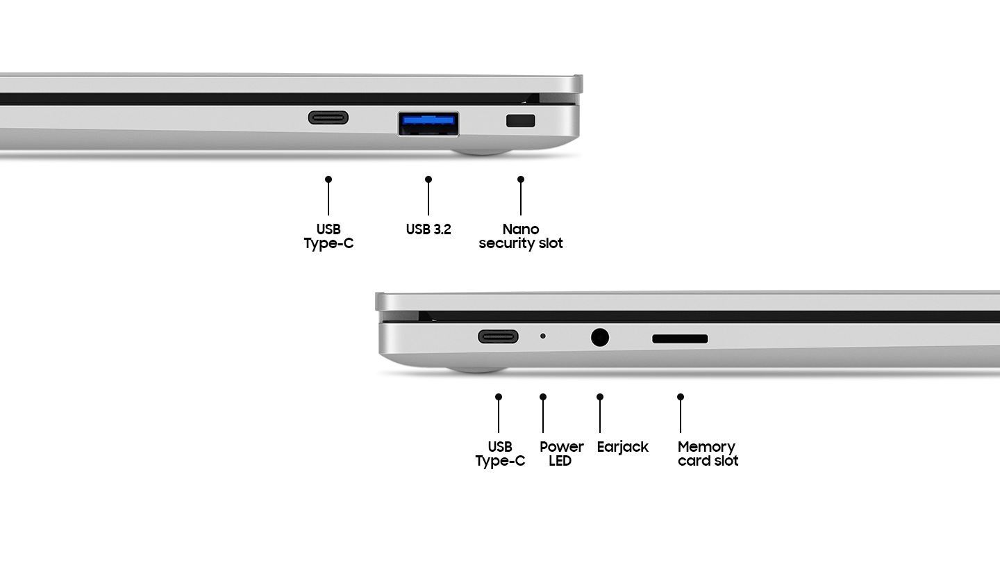 "A close-up of the sides of the Galaxy Chromebook Go to show the various ports available including SIM card tray, 2 USB Type-C ports, USB 3.2 port, nano security slot, power LED, microphone/headphone output and memory card slot."