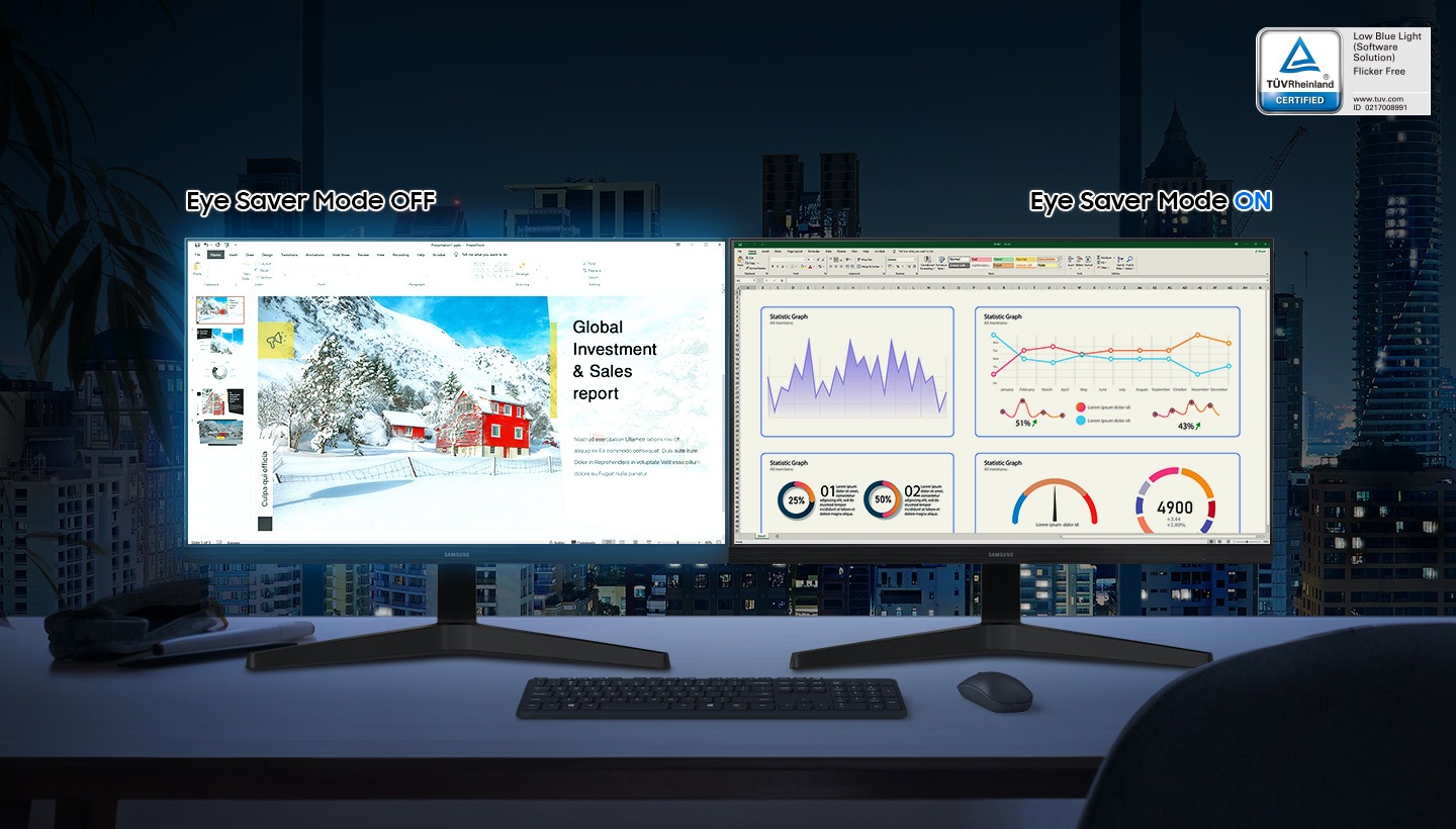 Monitoarele Eye Saver Mode OFF și Eye Saver Mode ON sunt plasate unul lângă altul pe birou noaptea. Monitorul în modul Eye Saver OFF provoacă oboseală mare a ochilor din cauza luminii albastre. Monitorul din modul Eye Saver ON blochează lumina albastră pentru a reduce oboseala ochilor. În partea de sus se află marca de certificare TÜV Rheinland.