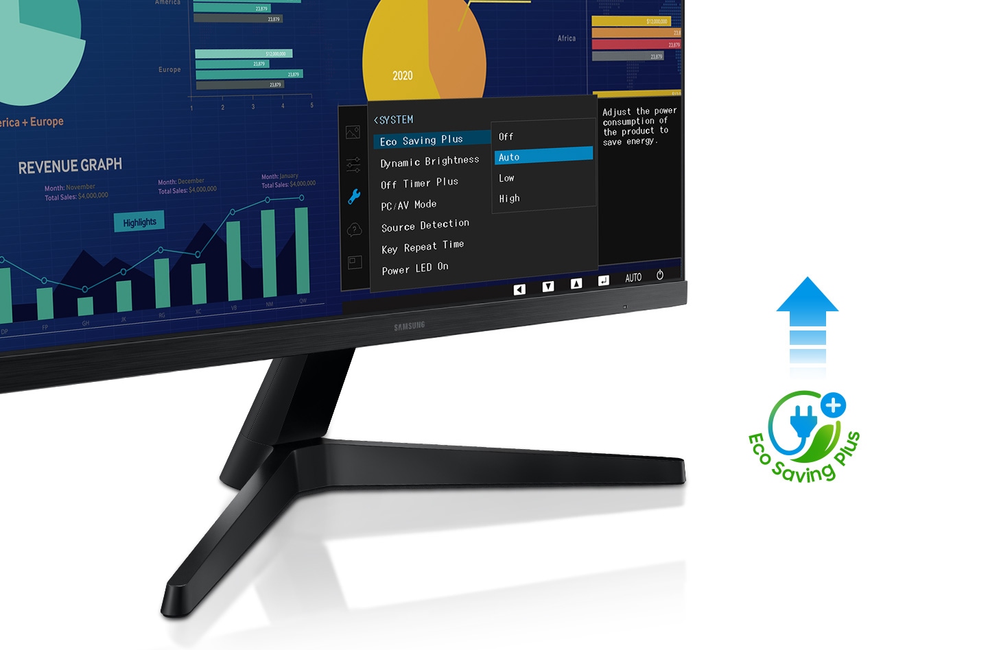 Eco Saving Plus este setat la Auto în modul Sistem de monitorizare. Există o pictogramă Eco Saving Plus.