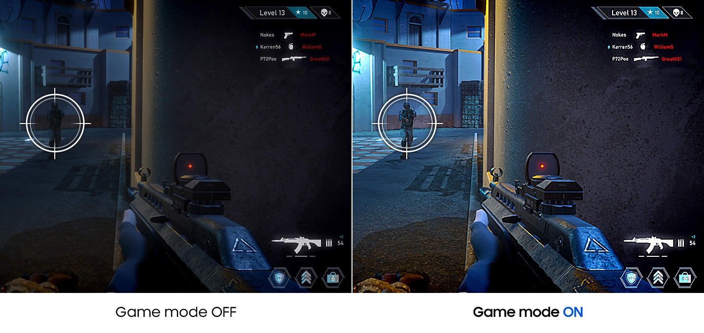 The same game screen is being compared from side to side. While the image on the left with Game Mode off is dark and the opposite enemy is hard to be found, the enemy can be found easily in the image on the right with Game Mode on.