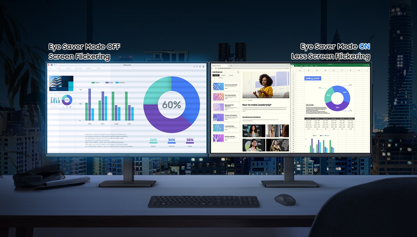 There are two monitors, and the left one flickers and emits blue light since the Eye Saver Mode is off. The right one is less flickering and does not emit blue light as its Eye Saver Mode is on.