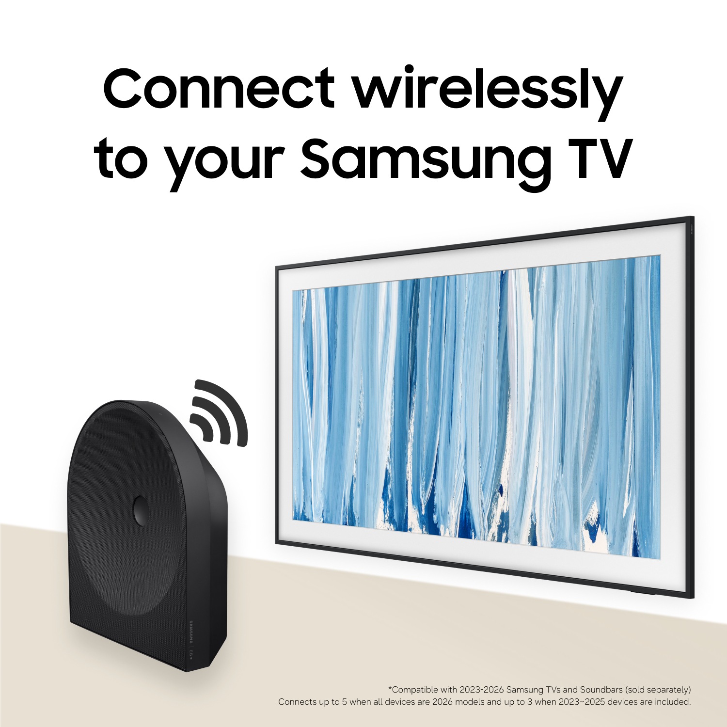 Music Studio 5 med ljudvågor som kommer ut från den och The Frame TV. Med texten "Anslut trådlöst till din Samsung TV".