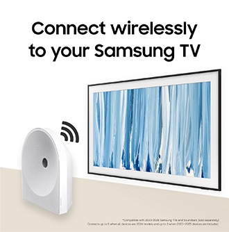 Music Studio 5 med ljudvågor som kommer ut från den och The Frame TV. Med texten "Anslut trådlöst till din Samsung TV".