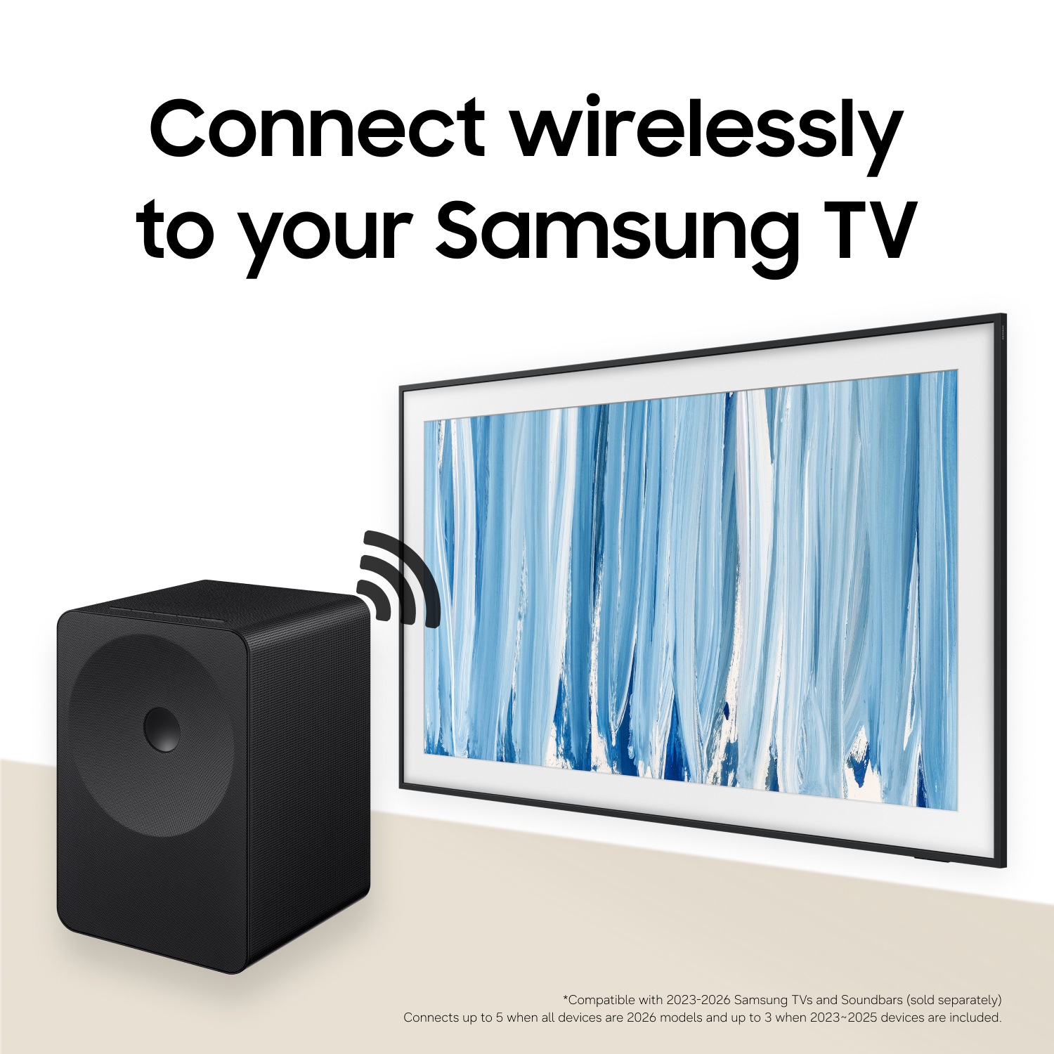 Music Studio 7 med ljudvågor som kommer ut från den och The Frame TV. Med texten "Anslut trådlöst till din Samsung TV".
