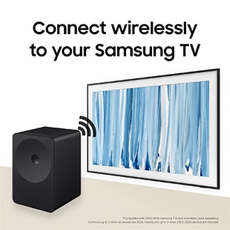 Music Studio 7 med ljudvågor som kommer ut från den och The Frame TV. Med texten "Anslut trådlöst till din Samsung TV".
