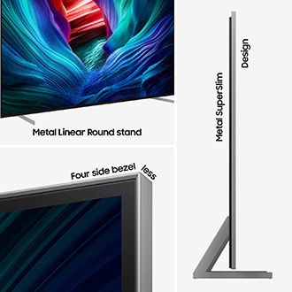 Designhöjdpunkter för Samsung-TV inkluderar en livfull skärm med Metal Linear Round-stativ, fyrsidig kantlös skärm och en smal sidoprofil märkt Metal SuperSlim Design.