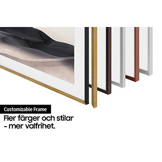 Customizable Frame Bezel visar hur ramstitlarna Modern och Beveled sätts fast på The Frame med magneter. Alla ramstilar finns i färgerna Teak,  Brown, Brick Red och White.