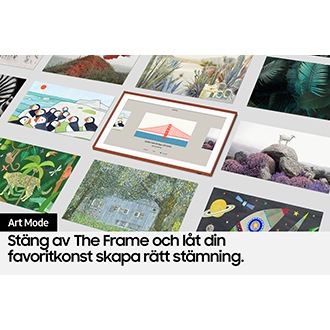 Art Mode användargränssnittet visar hur en bild med bro och vatten väljs bland flera andra alternativa konstverk.