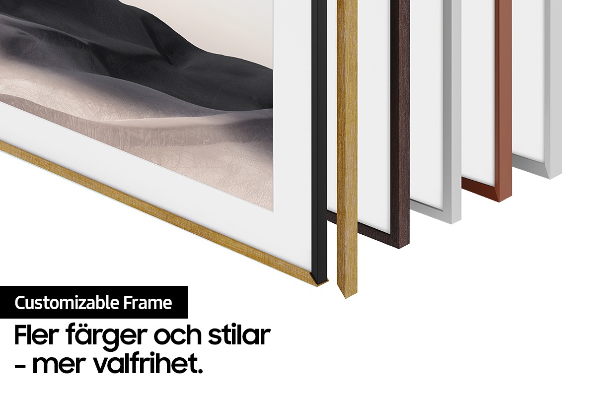 Customizable Frame Bezel visar hur ramstitlarna Modern och Beveled sätts fast på The Frame med magneter. Alla ramstilar finns i färgerna Teak,  Brown, Brick Red och White.