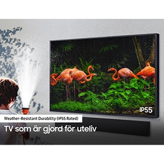 Samsung The Terrace har IP55-skydd mot regn, fukt och damm vilket betyder att det är en väderbeständig TV