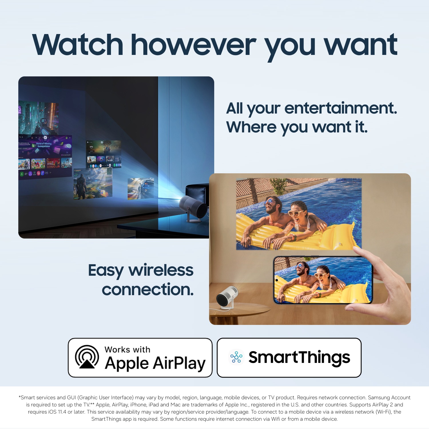 Smart projektor som möjliggör trådlös strömning från telefonen till skärmen eller utomhus via Apple AirPlay och SmartThings.