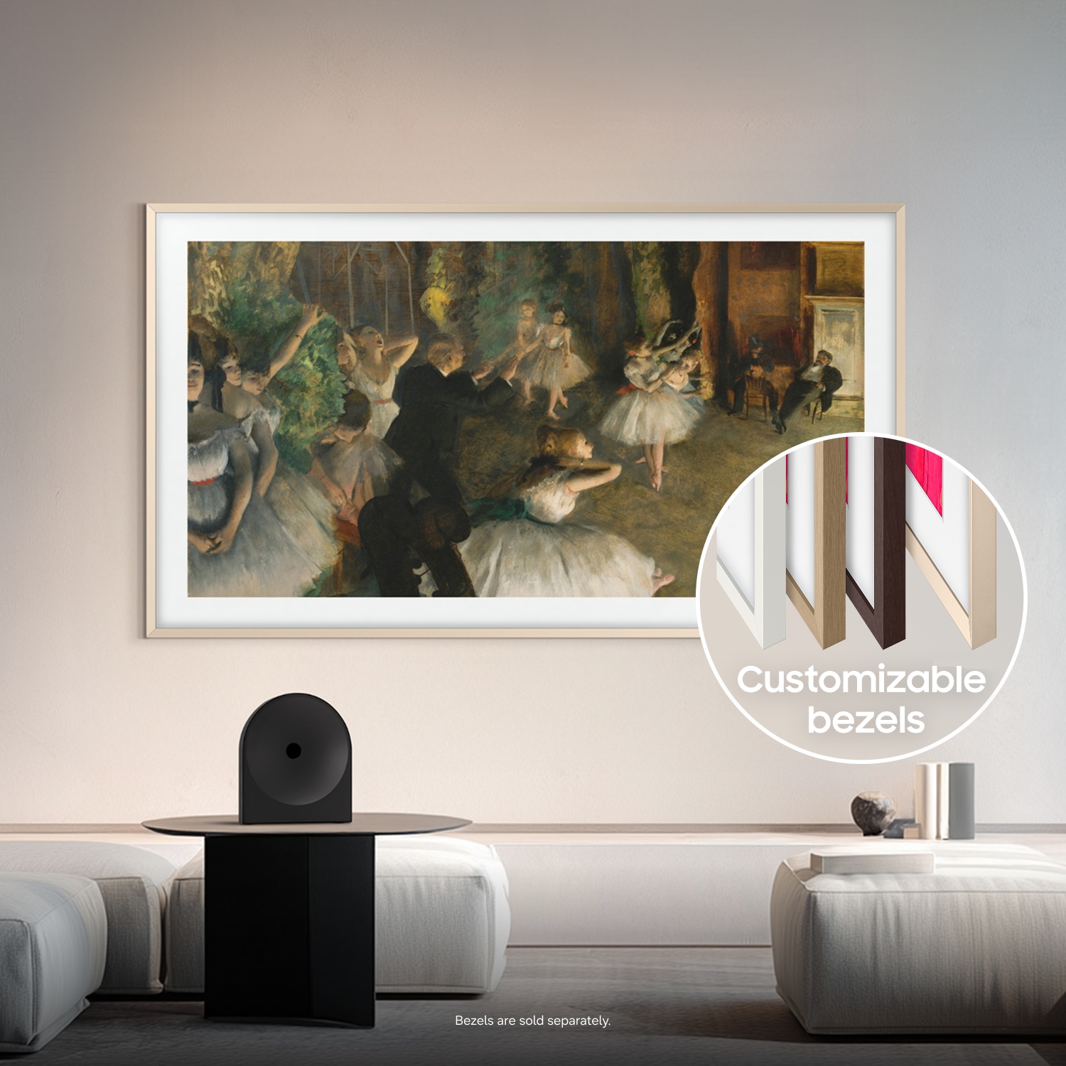 The Frame TV is mounted on a wall with Art Mode on, displaying a classic artwork. It showcases the customizable bezels in four different colors.