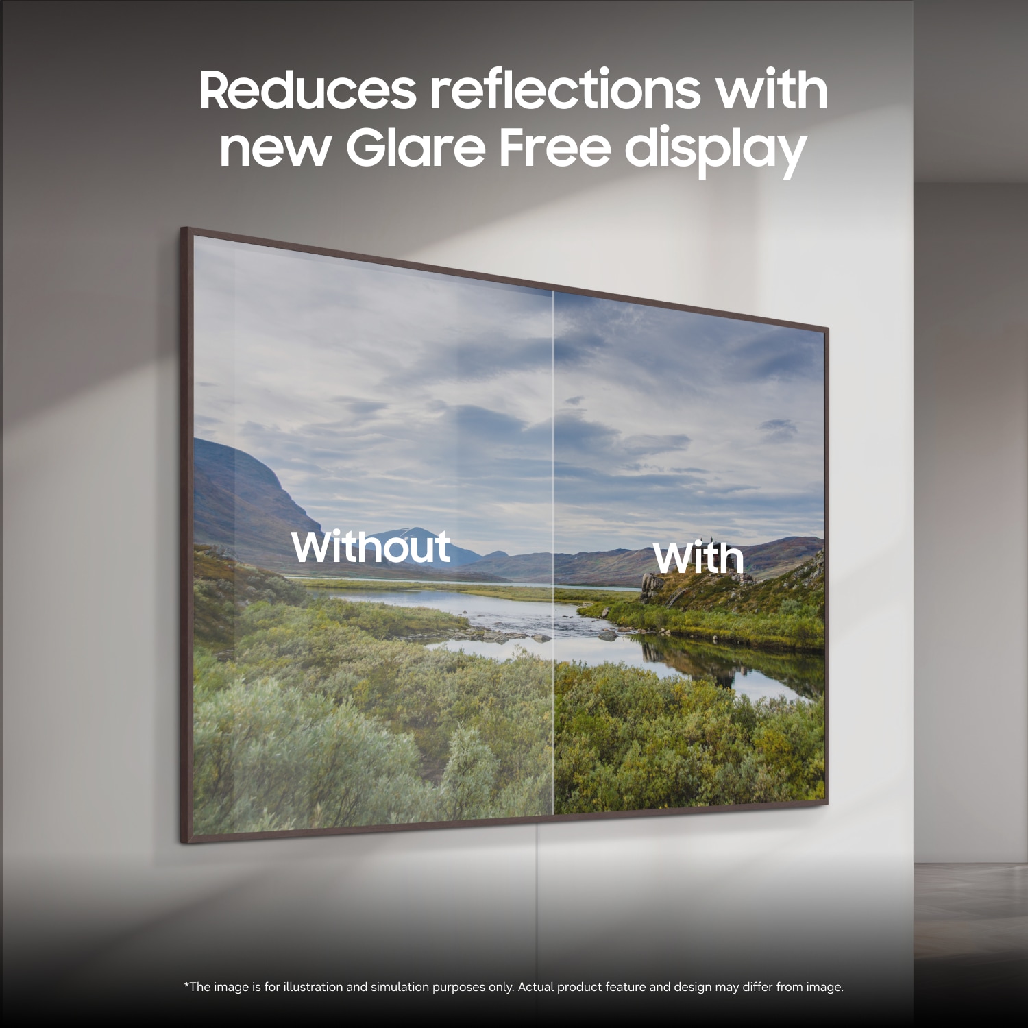 The Frame TV displays a landscape artwork in Art Mode on a wall, with a glare-free Neo QLED screen that preserves deep contrast, vivid color, and fine texture.
