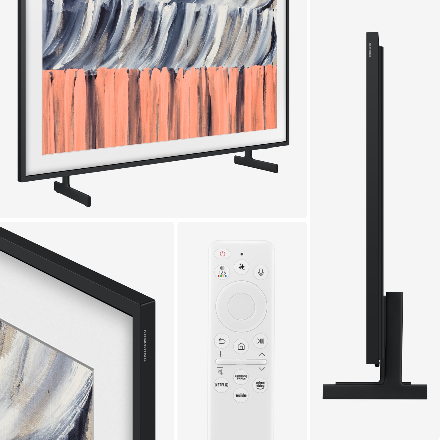 A collage showcasing a sleek, modern Samsung TV from multiple angles. A white remote control with dedicated buttons for Netflix, YouTube, Prime Video, and voice commands, set against a clean white background.