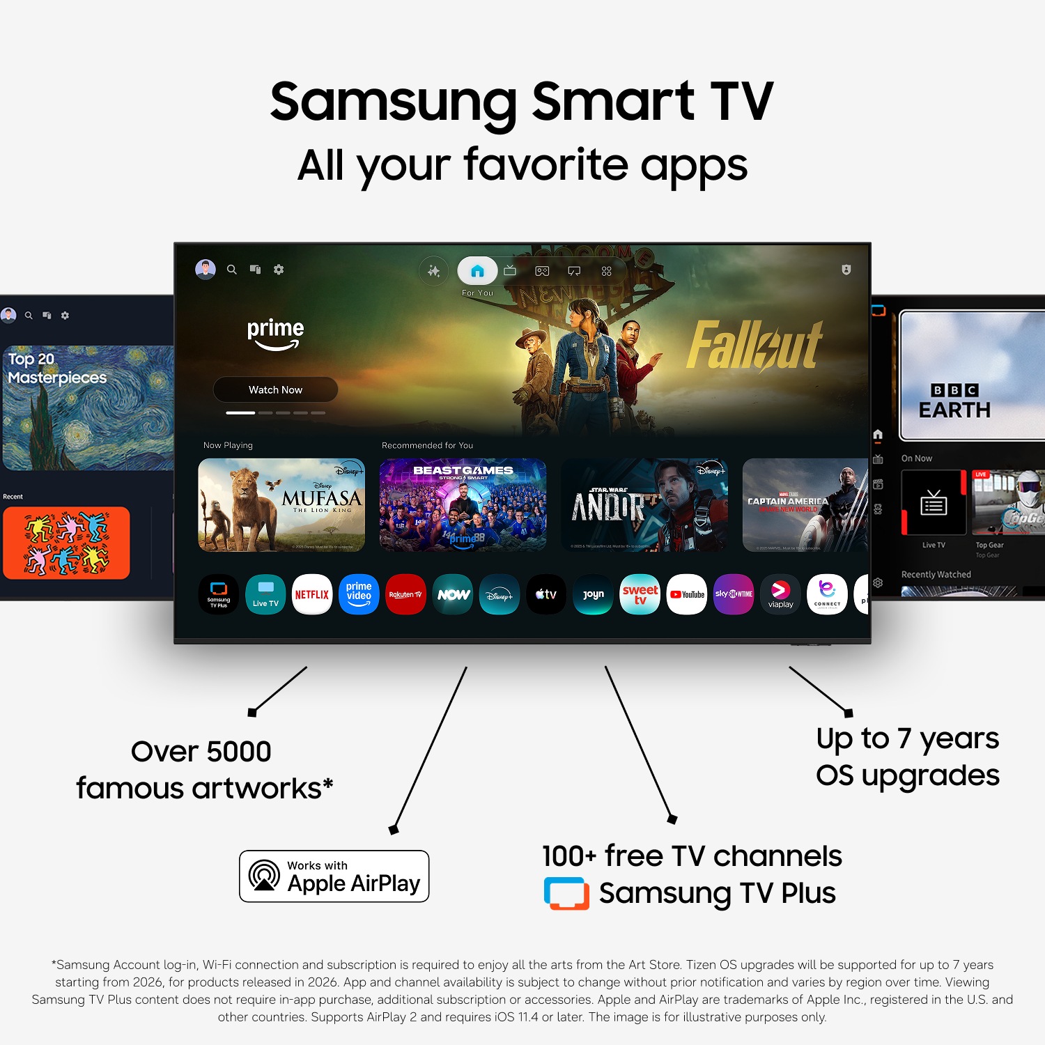 Smart TV interface displaying Netflix, Prime Video, and Apple AirPlay, with up tp 7 years of OS updates and 300+ free channels.