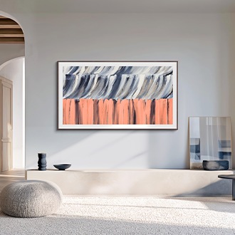 A wall-mounted Samsung The Frame TV displaying an abstract artwork blends in beautifully with the interior decor and the painting next to it. AI-generated image.