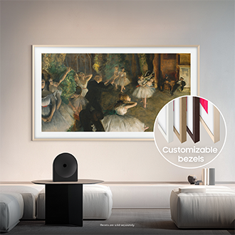 The Frame TV is mounted on a wall with Art Mode on, displaying a classic artwork. It showcases the customizable bezels in four different colors.
