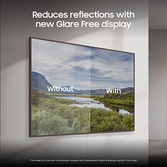 The Frame TV displays a landscape artwork in Art Mode on a wall, with a glare-free Neo QLED screen that preserves deep contrast, vivid color, and fine texture.