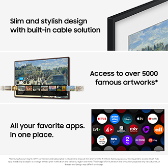Slim TV with built-in cables, 4K art gallery & streaming apps like Netflix and YouTube on one screen.