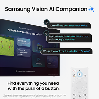 'The Frame TV displays artwork as Samsung Vision AI Companion suggests related content and answers art requests through an intelligent on-screen interface.