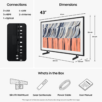 Dimension of Samsung The Frame LS03HE screen only (97 x 55.8 x 2.8 cm). Height with Black Round Feet Stand (59.3 cm). Dimension of Black Round Feet Stand. (68.3 x 18.4 cm).