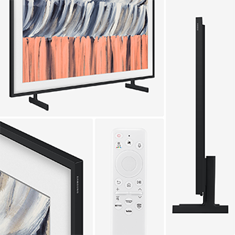 A collage showcasing a sleek, modern Samsung TV from multiple angles. A white remote control with dedicated buttons for Netflix, YouTube, Prime Video, and voice commands, set against a clean white background.