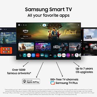 Smart TV interface displaying Netflix, Prime Video, and Apple AirPlay, with up tp 7 years of OS updates and 300+ free channels.