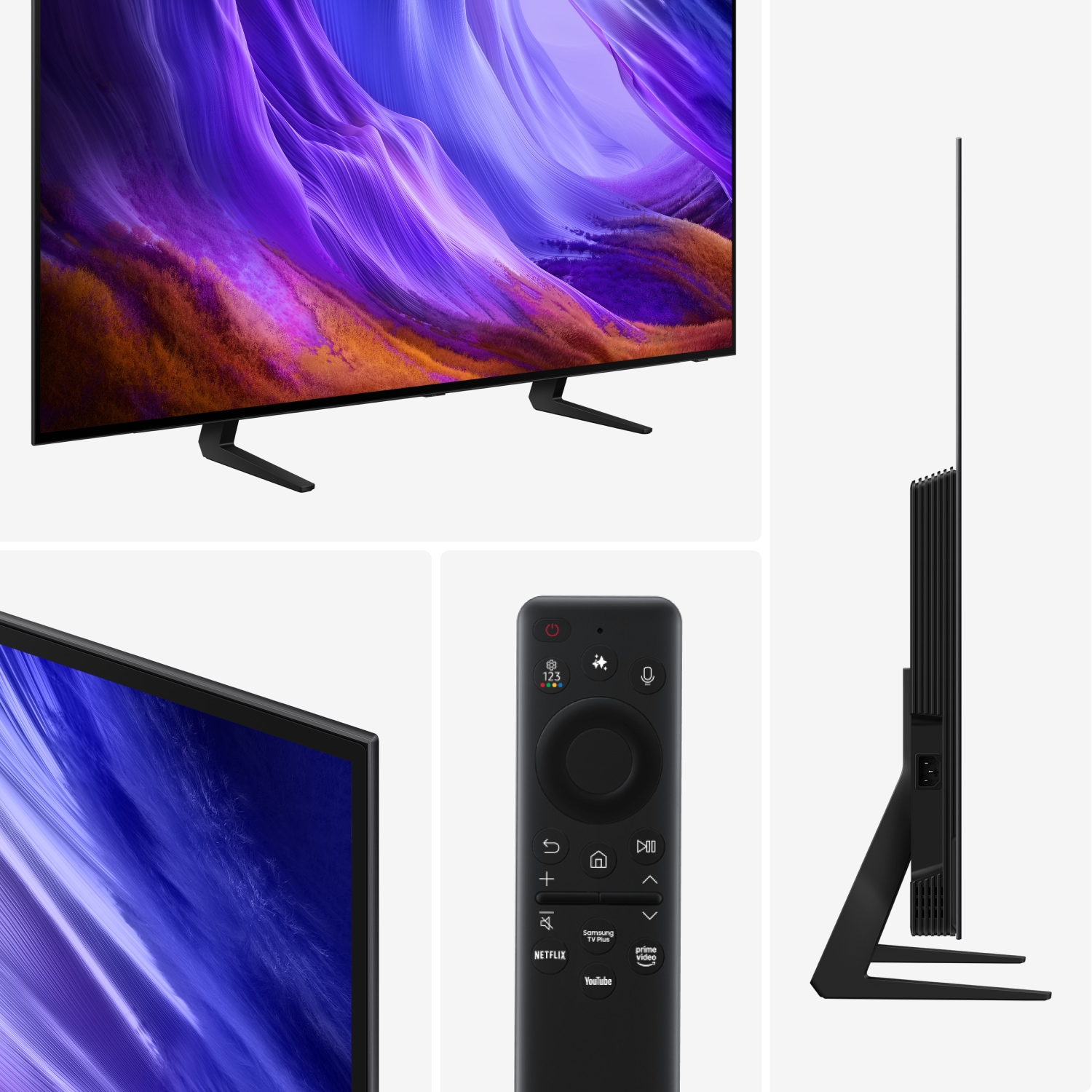 Tunn svart Samsung‑TV med livfull lila skärm, smart fjärrkontroll och Netflix‑ och YouTube‑genvägar i elegant sidovy.