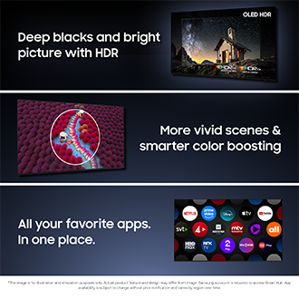 Samsung‑TV med OLED HDR: djupa svärtor, levande färger och alla dina favoritappar på ett ställe.