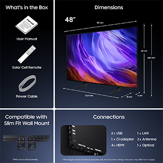 Mått för Samsung OLED S85H endast skärm: 62 × 107 × 4 cm. Höjd med Black Simple Linear‑stativ: 68,3 cm. Mått för Black Simple Linear‑stativ: 53,4 × 21 cm.