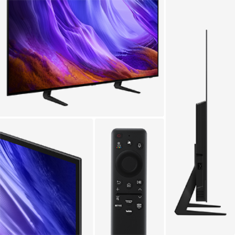 Tunn svart Samsung‑TV med livfull lila skärm, smart fjärrkontroll och Netflix‑ och YouTube‑genvägar i elegant sidovy.