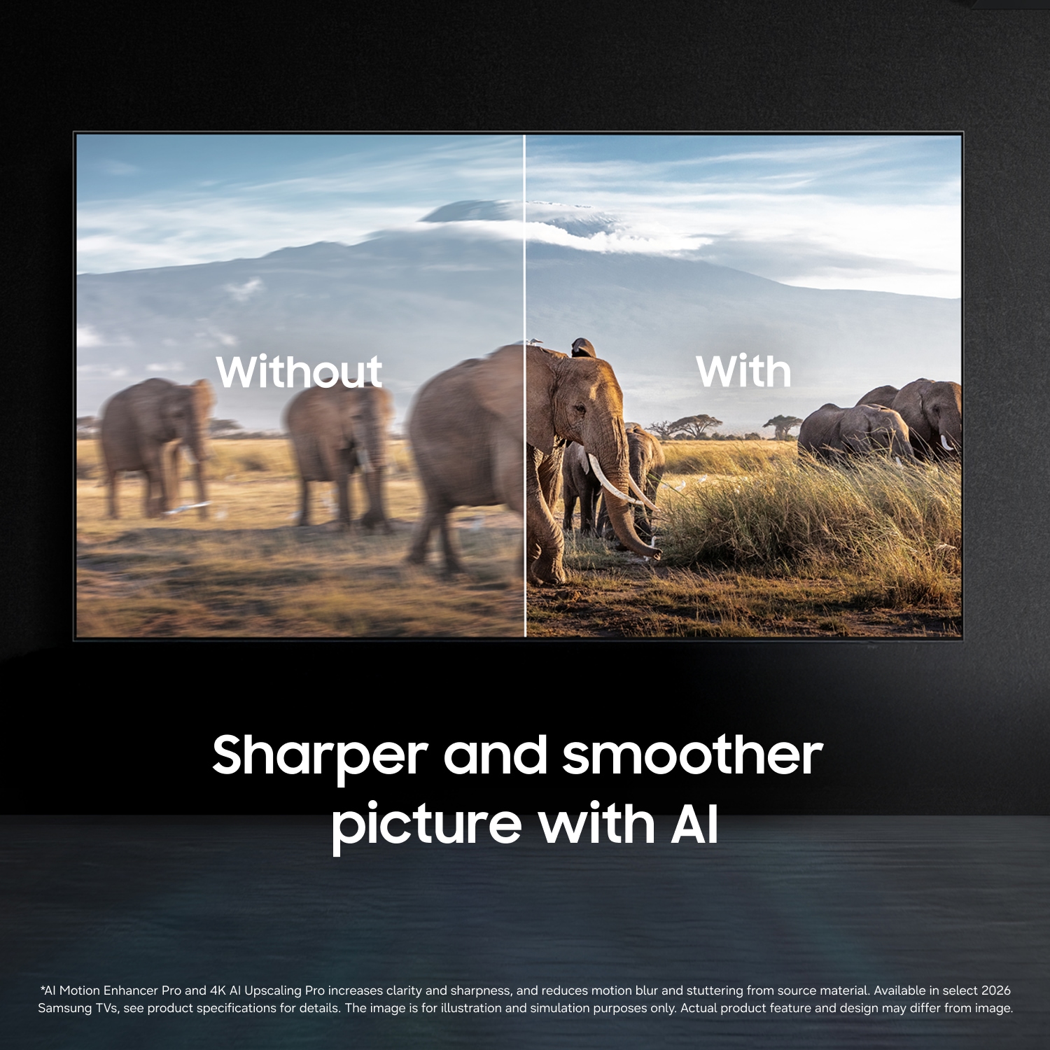 AI‑förbättrad skärmjämförelse som visar en suddig respektive skarp elefantscen, markerad med ”Without” och ”With”. Texten lyfter fram ”Skarpare och mjukare bild med AI”.