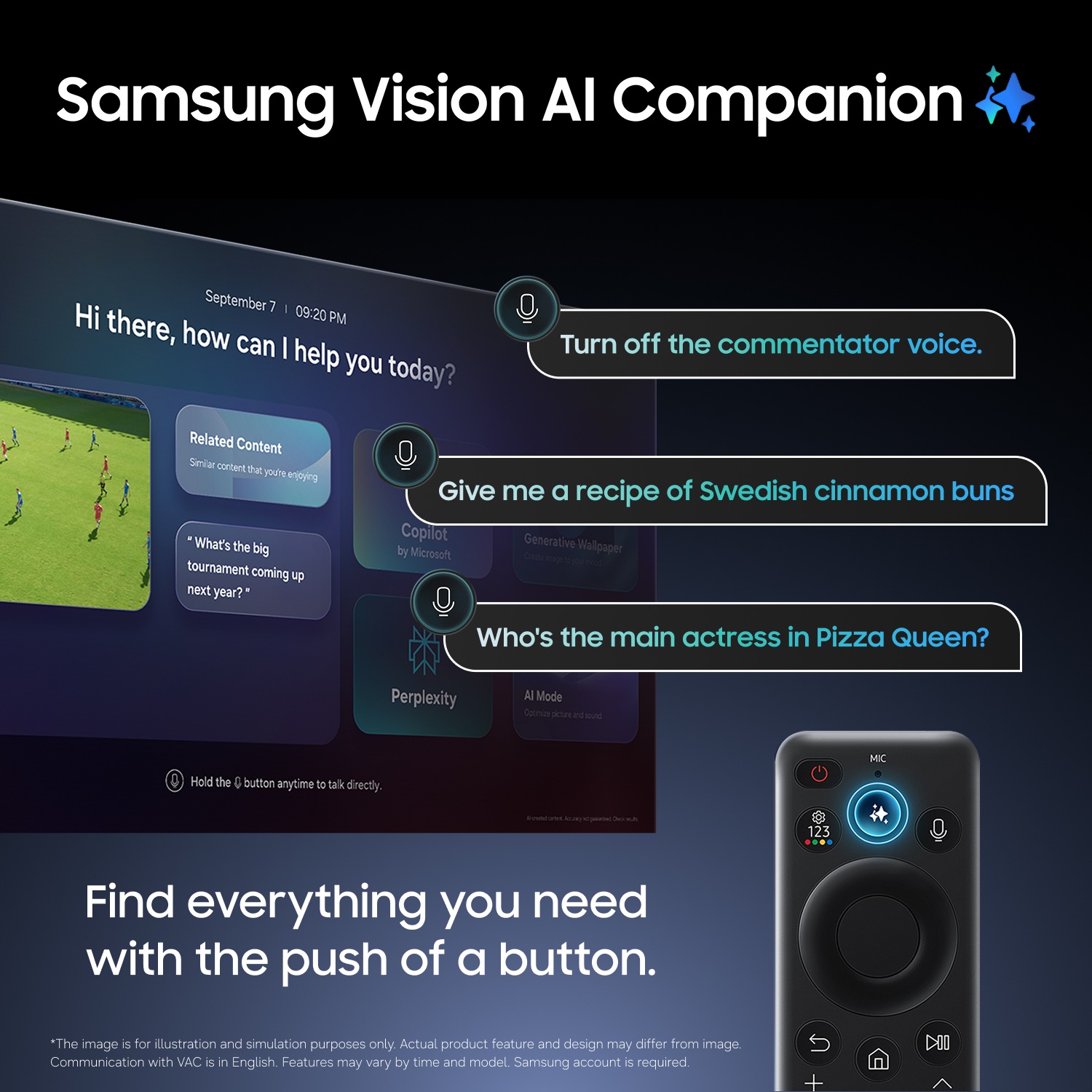 Samsung Vision AI Companion: röststyrda TV‑funktioner – stänga av kommentatorljud, hitta skådespelare – aktiveras med ett knapptryck på fjärrkontrollen.