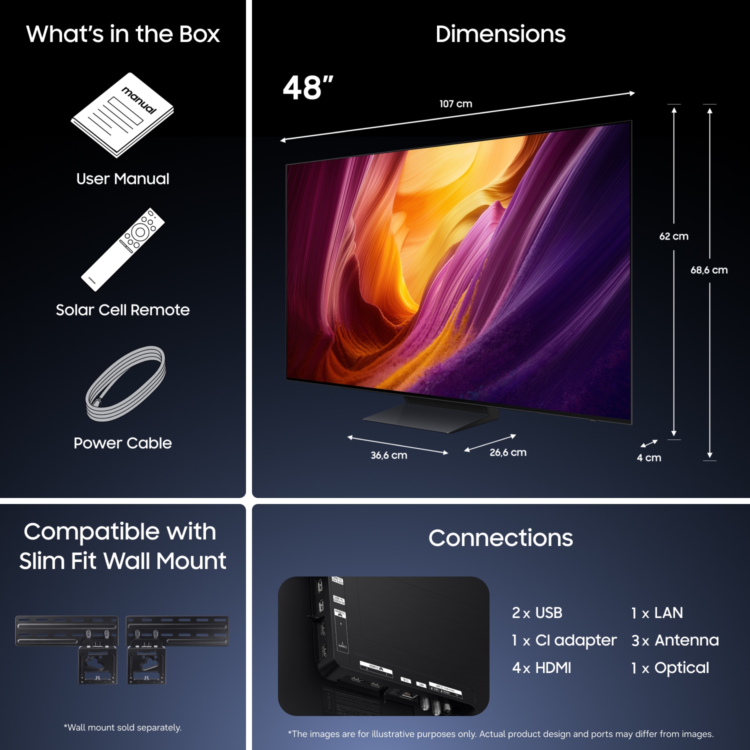 Mått för Samsung OLED S95H – endast skärm (62 × 107 × 4 cm). Höjd med Black Round Feet‑stativ (68,6 cm). Mått för stativet (36 × 26,6 cm).