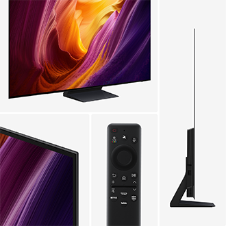 Smal svart TV med livfull abstrakt skärm, fjärrkontroll med Netflix‑ och YouTube‑knappar samt sidoprofil som visar den tunna designen.