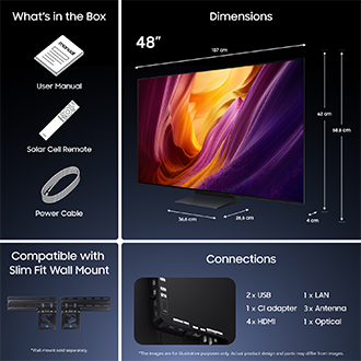 Mått för Samsung OLED S95H – endast skärm (62 × 107 × 4 cm). Höjd med Black Round Feet‑stativ (68,6 cm). Mått för stativet (36 × 26,6 cm).