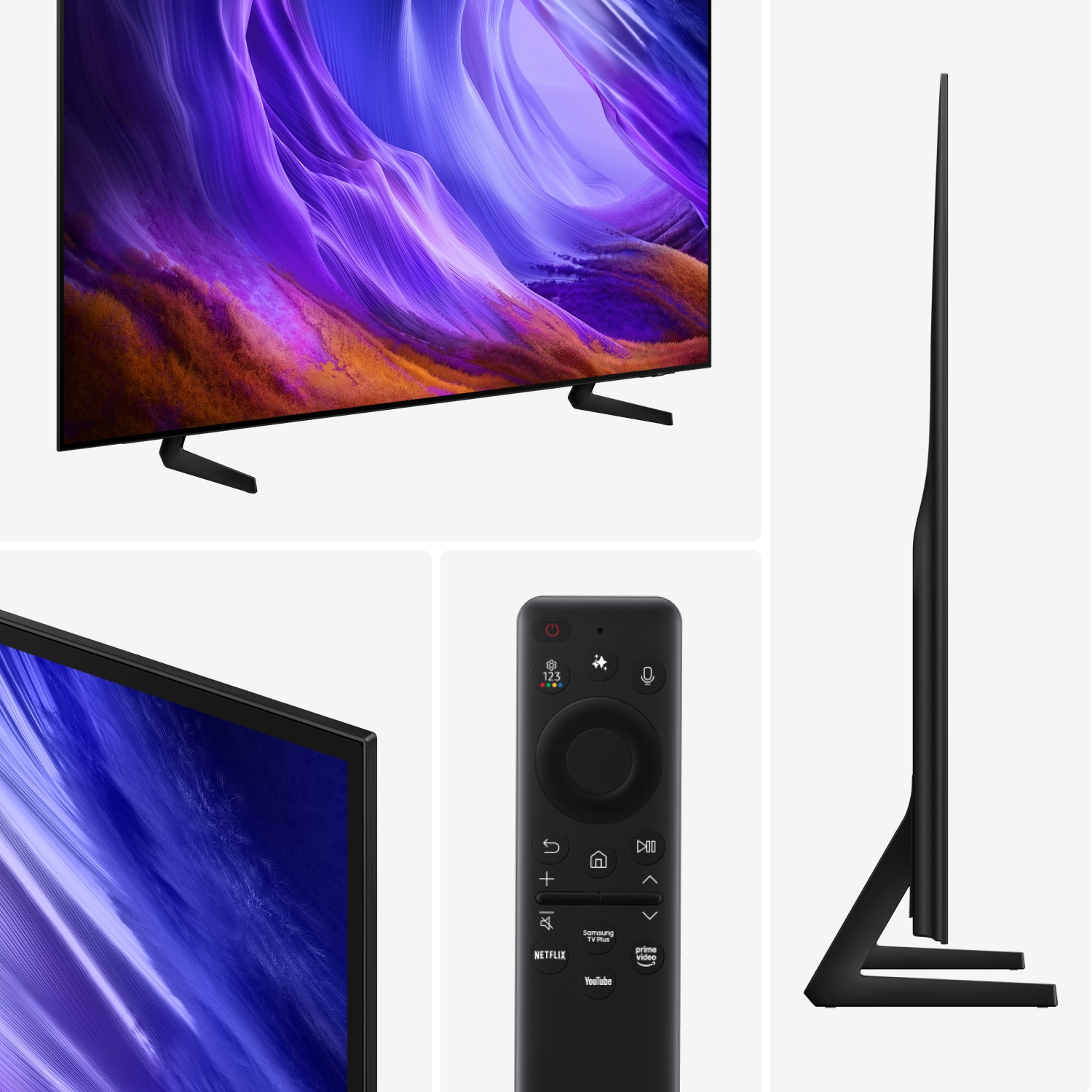 Tunn svart Samsung‑TV med livfull lila skärm, smart fjärrkontroll och Netflix‑ och YouTube‑genvägar i elegant sidovy.