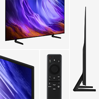 Tunn svart Samsung‑TV med livfull lila skärm, smart fjärrkontroll och Netflix‑ och YouTube‑genvägar i elegant sidovy.