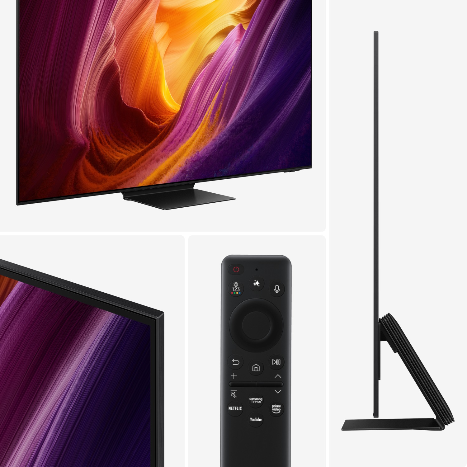Smal svart TV med livfull abstrakt skärm, fjärrkontroll med Netflix‑ och YouTube‑knappar samt sidoprofil som visar den tunna designen.