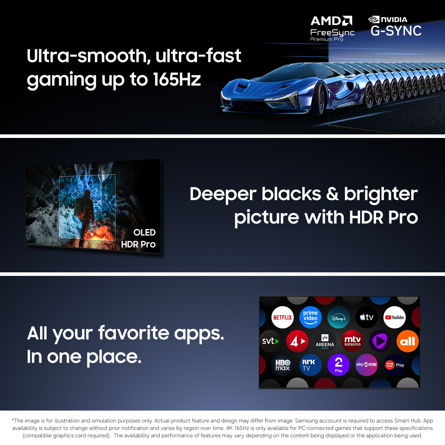 60 Hz gaming med AMD FreeSync och NVIDIA G‑SYNC. Anpassade ljudkontroller och app‑integration för en sömlös upplevelse.