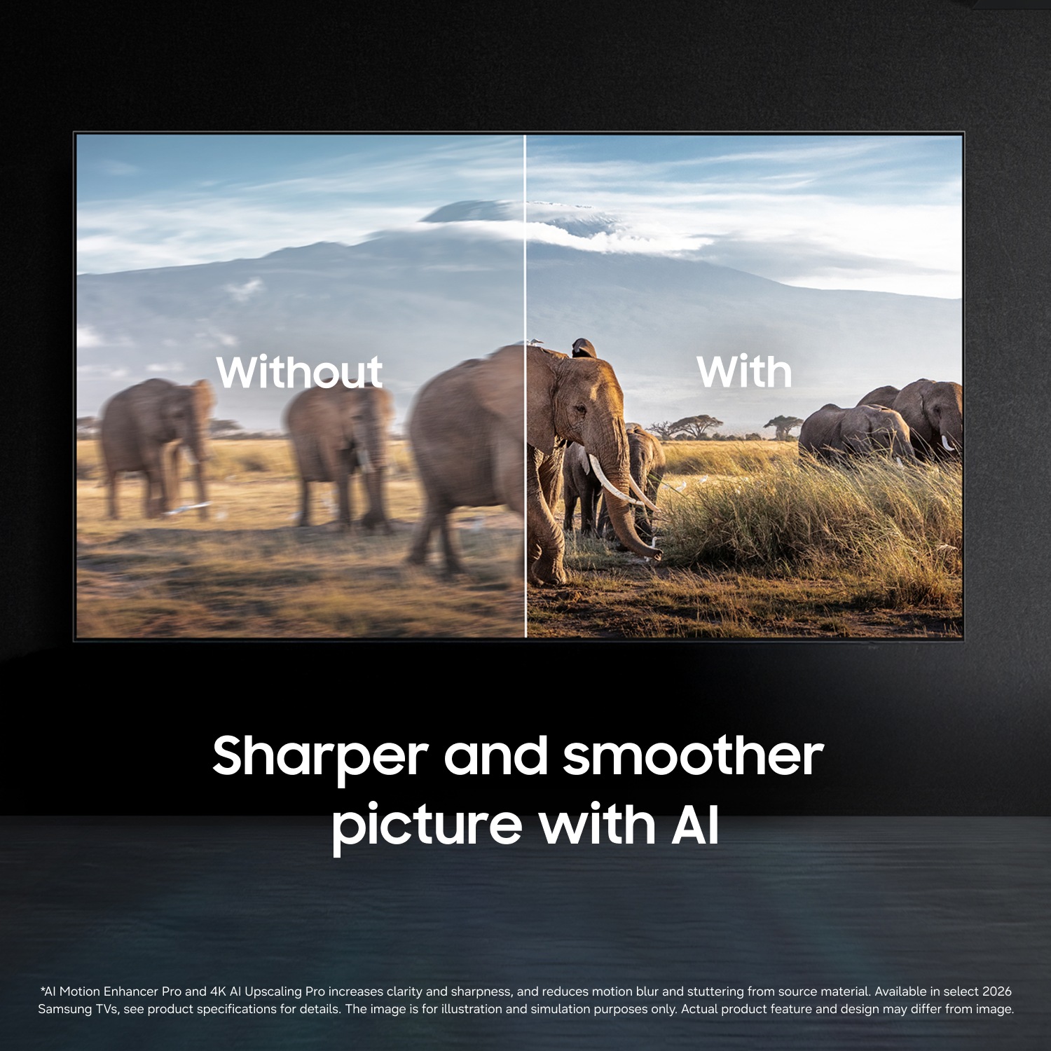 AI‑förbättrad skärmjämförelse som visar en suddig respektive skarp elefantscen, markerad med ”Without” och ”With”. Texten lyfter fram ”Skarpare och mjukare bild med AI”.