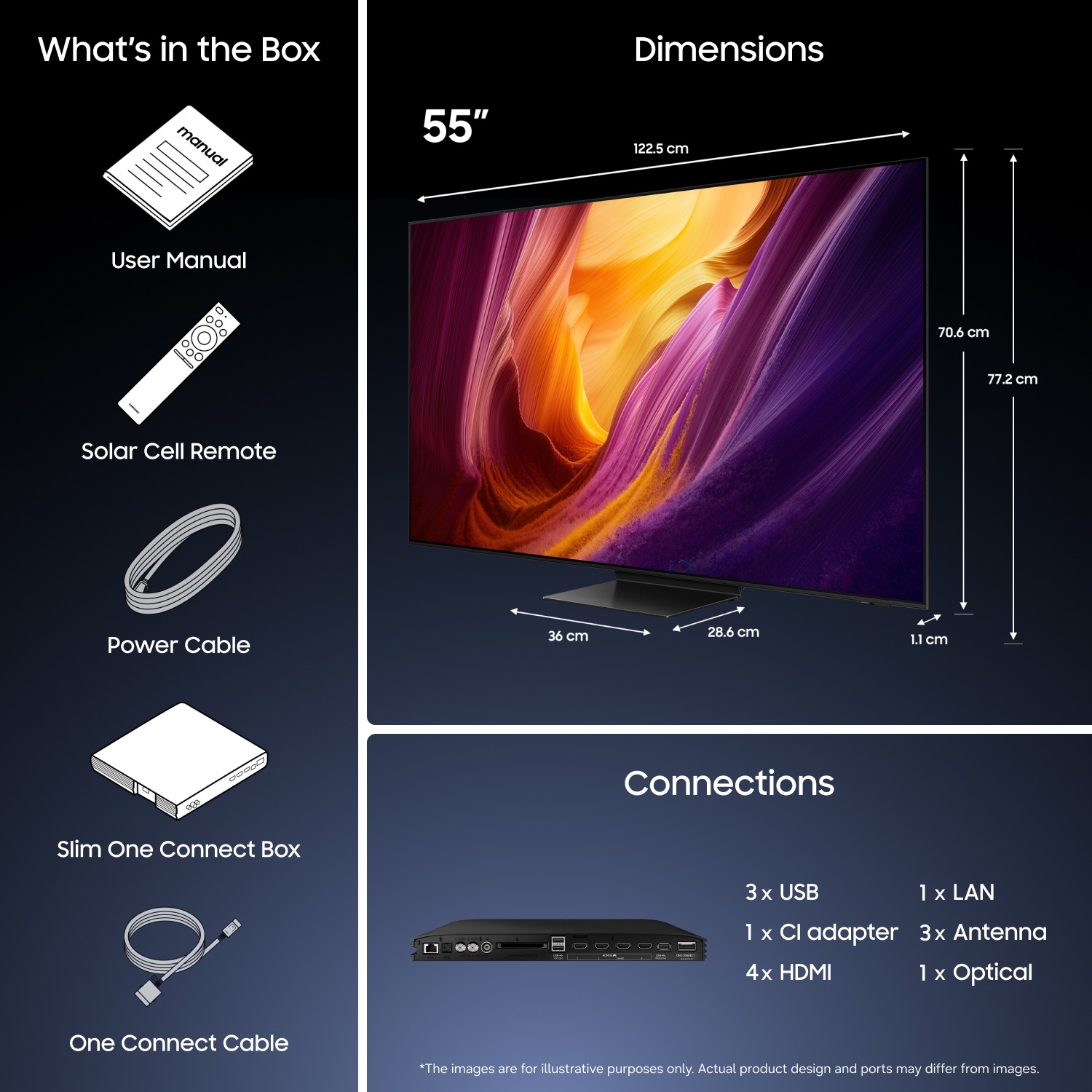 Mått för Samsung OLED S95H – endast skärm (70,6 × 122,5 × 1,1 cm). Höjd med Black Round Feet‑stativ (77,2 cm). Mått för stativet (36 × 26,8 cm).