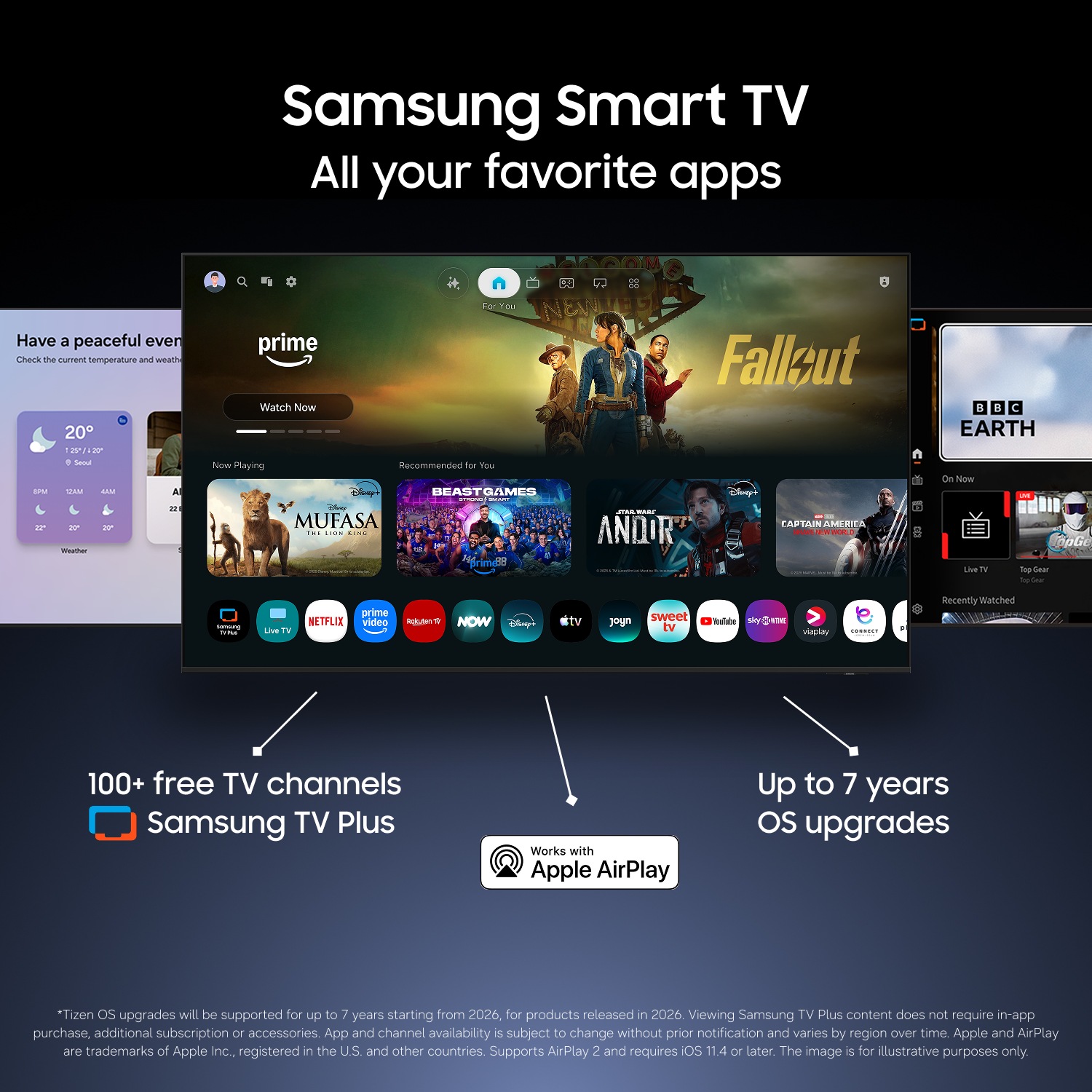 Smart‑TV‑gränssnitt som visar Netflix, Prime Video och Apple AirPlay, med upp till 7 års OS‑uppdateringar och över 300 kostnadsfria kanaler.