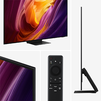 Smal svart TV med livfull abstrakt skärm, fjärrkontroll med Netflix‑ och YouTube‑knappar samt sidoprofil som visar den tunna designen.