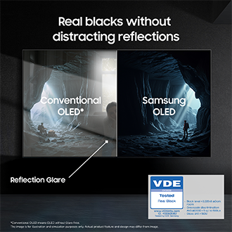 Samsung OLED jämfört med konventionell skärm: djupare svärta och ingen bländning. VDE‑certifierad äkta svärta visas i en grottscen‑jämförelse.