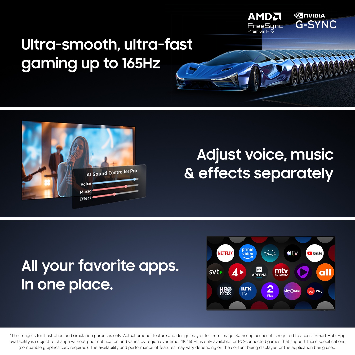60 Hz‑spelande med AMD FreeSync och NVIDIA G‑SYNC. Anpassade ljudkontroller och appintegration för sömlös prestanda.