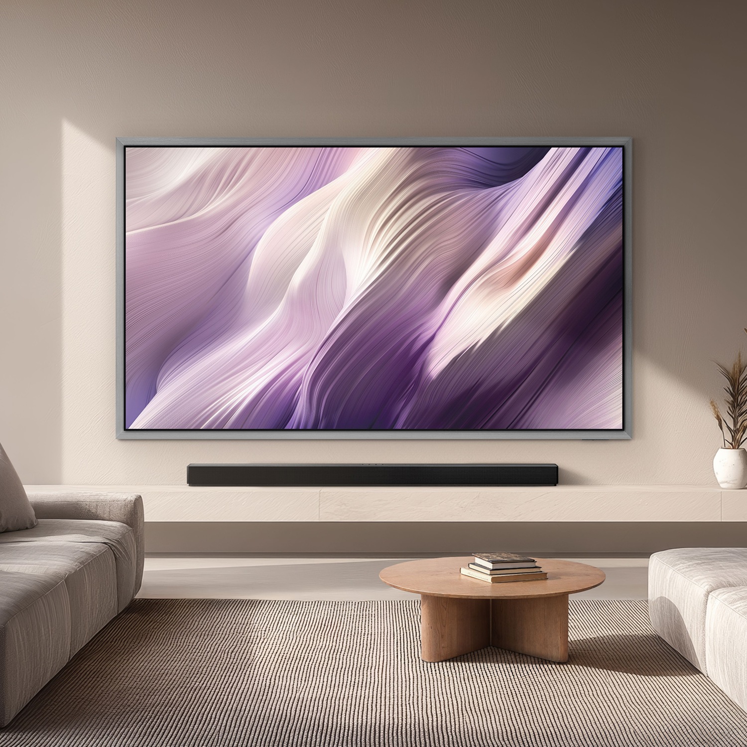 Samsung OLED‑TV monterad på väggen i ett minimalistiskt vardagsrum, med mjuka abstrakta bilder som smälter in i rummet.