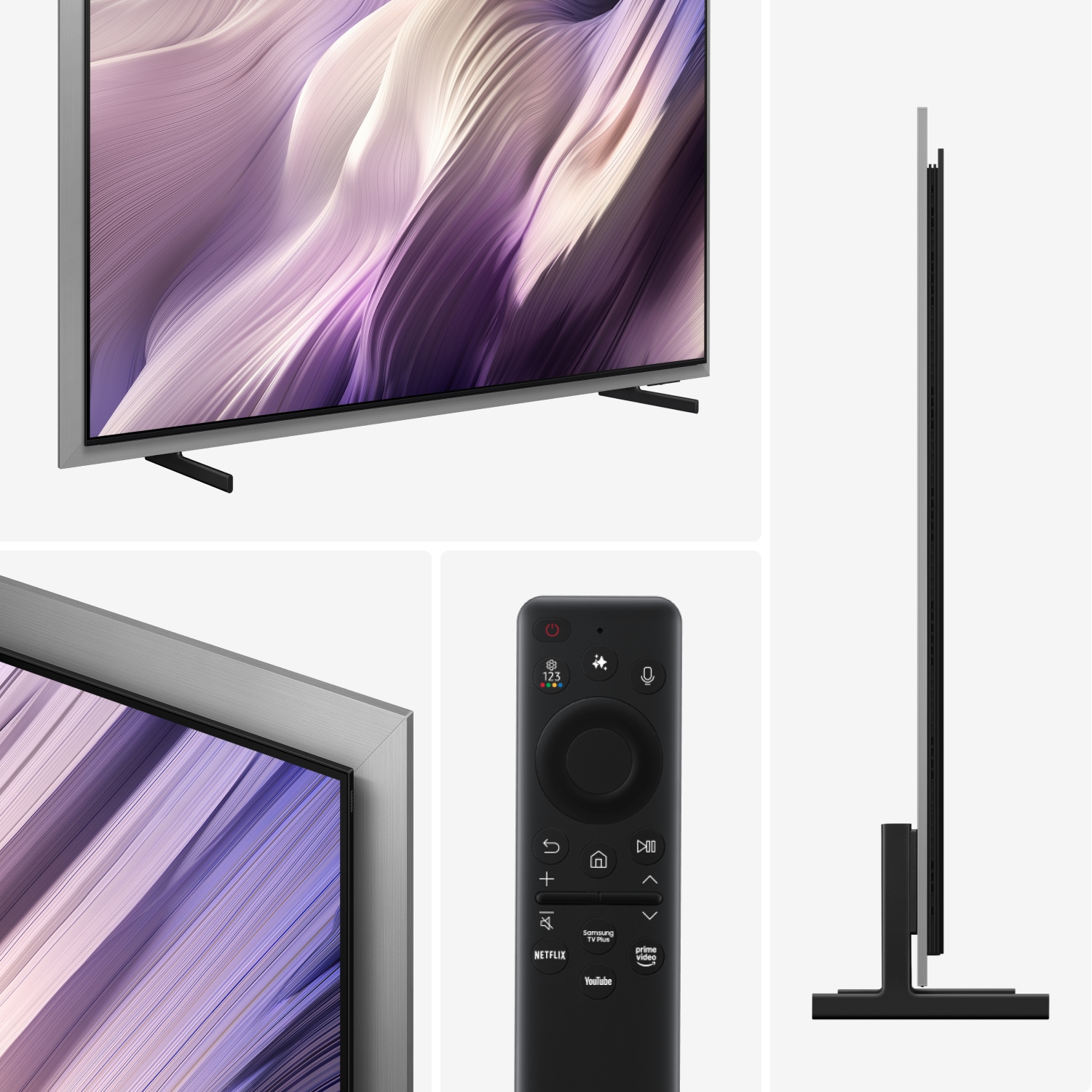 Elegant silverfärgad TV: livfull lila abstrakt bild, slimmad design. Visas med svart fjärrkontroll med streamingknappar.